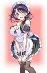  1girl apron bare_shoulders black_legwear blush bow breasts cleavage detached_sleeves dress frilled_apron frilled_dress frills gan_(shanimuni) gradient gradient_background highres large_breasts long_hair looking_at_viewer maid maid_apron maid_headdress open_mouth original puffy_sleeves ribbon ribbon-trimmed_legwear ribbon_trim sanae_(gan) short_sleeves solo standing sweatdrop violet_eyes wrist_cuffs 