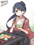  1girl black_hair blue_eyes blush bowl chopsticks food gradient gradient_background highres holding houshou_(kantai_collection) japanese_clothes kantai_collection long_hair open_mouth ponytail renkonan rice rice_bowl sitting solo table 