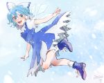  1girl adapted_costume blue_background blue_dress blue_eyes blue_hair blush boots breath cirno dress fairy flying hair_ornament hair_ribbon ice ice_wings looking_at_viewer meiji_(charisma_serve) open_mouth puffy_sleeves ribbon short_hair short_sleeves simple_background smile snowing socks solo touhou white_legwear wings 