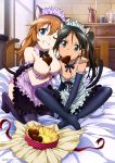  2girls ;) absurdres animal_ears apron arm_garter bare_shoulders black_gloves black_hair black_legwear blue_eyes breast_hold breasts brown_hair cat_ears cat_tail charlotte_e_yeager chocolate choker cleavage detached_collar elbow_gloves fang food_on_body francesca_lucchini gloves green_eyes grin highres indian_style kneeling large_breasts looking_at_viewer maid_headdress multiple_girls one_eye_closed panties pink_panties sitting smile strike_witches tail thigh-highs twintails underwear 
