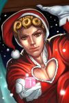 1boy blonde_hair gift giorno_giovanna gloves hat jojo_no_kimyou_na_bouken looking_at_viewer outstretched_hand s_a_k_u santa_costume santa_hat solo yellow_eyes 