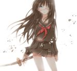  1girl backlighting black_hair blue_eyes eyepatch hiro_(hirohiro31) katana long_hair long_sleeves looking_at_viewer neckerchief original school_uniform serafuku shirt skirt skirt_set solo sword very_long_hair weapon wind 