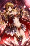  1girl armor bare_shoulders bikini_armor blonde_hair boots breasts cape chain_chronicle cleavage demon_girl demon_horns elbow_gloves fantasy gauntlets gloves horns large_breasts looking_at_viewer navel original red_eyes showgirl_skirt solo sumapan thigh-highs thigh_boots 