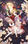  2girls apple bat_wings blonde_hair bloomers blue_hair cherry_blossoms cup dress flandre_scarlet food fruit full_moon gwayo hat hat_ribbon highres mob_cap moon multiple_girls night pink_dress puffy_short_sleeves puffy_sleeves red_eyes remilia_scarlet ribbon sash shirt short_sleeves siblings side_ponytail sisters skirt skirt_set sky star_(sky) starry_sky teacup touhou tree underwear upskirt vest wings wrist_cuffs 