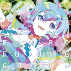  1girl album_cover belt blue_dress blue_eyes blue_hair cover dress hair_rings ichihaya kaku_seiga open_mouth outstretched_arms short_hair short_sleeves smile solo sparkle text touhou vest 