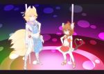  2girls adapted_costume animal_ears blonde_hair brown_hair cat_ears cat_tail chen commentary_request ear_piercing fox_ears fox_tail hand_on_hip heart_tail_duo high_heels itsuki_(kisaragi) jewelry looking_at_viewer midriff multiple_girls multiple_tails navel panty_&amp;_stocking_with_garterbelt panty_(psg) panty_(psg)_(cosplay) parody piercing shirt single_earring skirt smile stage stocking_(psg) stocking_(psg)_(cosplay) stripper_pole tail touhou yakumo_ran yellow_eyes 