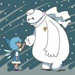  baymax big_hero_6 blue_hair bow cirno hair_bow ice ice_wings letty_whiterock lowres onikobe_rin scarf snowing touhou wings 