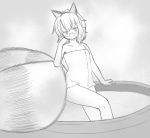  1girl :d animal_ears arm_support come_hither futatsuiwa_mamizou ganmaganmo glasses head_rest leaf leaf_on_head looking_at_viewer monochrome naked_towel open_mouth raccoon_ears raccoon_tail short_hair sketch smile solo tail touhou towel tub 