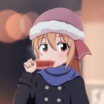  1girl alternate_costume beanie blonde_hair blurry blush bust cato_(monocatienus) coat contemporary depth_of_field eating fur_trim hat looking_at_viewer red_eyes rumia scarf sexually_suggestive short_hair smile solo squid touhou winter_clothes 