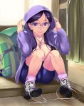  1girl backpack bag bike_shorts boots breast_press breasts glasses highres hoodie large_breasts long_hair open_clothes open_hoodie saitou_kaede_(yama_no_susume) smile socks solo tiha untied yama_no_susume 