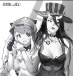  2girls airfield_hime bare_shoulders battleship-symbiotic_hime breasts choker cleavage collarbone dated dress flaurel greyscale hat holding hood horns kantai_collection lips long_hair monochrome multiple_girls open_mouth phone pocket_watch shinkaisei-kan top_hat watch 