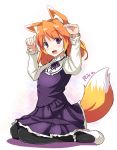  1girl :d animal_ears arms_up black_legwear brown_hair character_name dress fang fatkewell fox_ears fox_tail kneeling long_sleeves open_mouth pantyhose rika_eastre short_hair smile tail violet_eyes younger 