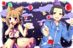  1boy 1girl balloon brown_hair cake dress earmuffs food gag_manga_biyori hat jewelry short_hair shoutoku_taishi skirt sleeveless tate_eboshi touhou toyosatomimi_no_miko track_suit uguisu_mochi_(ykss35) violet_eyes 