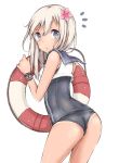 1girl ass blue_eyes blush flower hair_flower hair_ornament highres kantai_collection long_hair looking_back mo_(k40633) ro-500_(kantai_collection) school_swimsuit solo swim_ring swimsuit swimsuit_under_clothes thighs u-511_(kantai_collection) wet white_hair wristband 