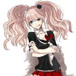  1girl :p animal_hair_ornament artist_name be_(130896) bear_hair_ornament blue_eyes bow breasts choker cleavage crossed_arms dangan_ronpa dangan_ronpa_1 enoshima_junko hair_ornament long_hair nail_polish necktie pink_hair pleated_skirt red_skirt skirt sleeves_rolled_up solo spoilers tongue tongue_out twintails 