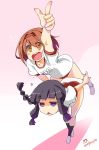  &gt;:d :d alternate_costume bent_over black_eyes black_hair blush_stickers braid brown_eyes brown_hair buruma comic gym_uniform hairband highres imu_sanjo kantai_collection kitakami_(kantai_collection) long_hair open_mouth pointing pointing_up riding shiratsuyu_(kantai_collection) short_hair single_braid smile translation_request 