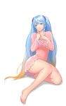  1girl alternate_costume aqua_hair bare_legs blonde_hair blue_eyes highres league_of_legends long_hair looking_at_viewer multicolored_hair pajamas scrunchie sitting sona_buvelle thighs twintails two-tone_hair very_long_hair wavy_mouth worried 