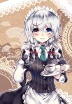  1girl alternate_costume apron braid cup ginzuki_ringo heterochromia highres izayoi_sakuya juliet_sleeves long_sleeves maid_headdress necktie open_mouth puffy_sleeves shirt silver_hair skirt skirt_set smile solo teacup teapot touhou twin_braids vest waist_apron 