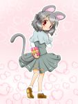  1girl animal_ears arm_behind_back blush box capelet dress from_behind gift gift_box gradient gradient_background grey_dress grey_hair hand_on_own_chest heart heart_background looking_at_viewer looking_back mouse_ears mouse_tail nazrin pink_background red_eyes satchii_(artist) short_hair solo sweatdrop tail touhou 
