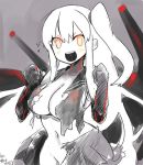  &gt;:d 1girl :d aircraft_carrier_hime black_dress blush breasts cleavage collarbone commentary_request dress glowing glowing_eyes kantai_collection large_breasts long_hair navel open_mouth orange_eyes sailor_dress shinkaisei-kan side_ponytail smile solo torn_clothes torn_dress turret veins white_hair yuzuki_gao 