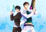  2boys aqua_eyes back-to-back belt black_hair blazer blue_eyes free! male_focus multiple_boys nanase_haruka_(free!) ronisuke school_uniform water_droplets water_gun yamazaki_sousuke 