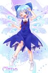  1girl ;d ahoge blue_dress blue_eyes blue_hair blush character_name cirno dress ice ice_wings namino. one_eye_closed open_mouth smile touhou v wings 