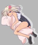  1girl ;) bare_legs bare_shoulders blonde_hair blue_eyes blush body_pillow crop_top flower grey_background hair_flower hair_ornament kantai_collection long_hair lowres lying on_side one-piece_tan one_eye_closed pillow pillow_hug ro-500_(kantai_collection) school_swimsuit school_uniform serafuku silhouette simple_background slippers smile solo swimsuit tan tanline u-511_(kantai_collection) yuuna 