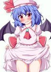  1girl ascot bat_wings blue_hair blush bow brooch dress dress_lift fang hat hat_bow highres jewelry panties red_eyes remilia_scarlet solo touhou underwear white_background white_panties wings yakumo_nanahara 
