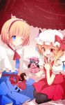  2girls alice_margatroid aoi_(annbi) ascot bat_wings black_legwear blonde_hair blue_dress blue_eyes blue_hair blush brown_hair capelet character_doll crystal detached_sleeves dress fang flandre_scarlet hair_ribbon hair_tubes hairband hakurei_reimu hat hat_ribbon highres japanese_clothes light_particles long_sleeves miko mob_cap multiple_girls ofuda on_bed open_mouth pantyhose ponytail puffy_sleeves puppet puppet_strings red_eyes remilia_scarlet ribbon sash shirt short_hair short_sleeves side_ponytail sitting skirt skirt_set smile string touhou vest wide_sleeves wings 
