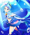  1girl blue_background blue_eyes blue_hair cure_mermaid go!_princess_precure kaidou_minami kisuke_(akutamu) long_hair looking_at_viewer magical_girl midriff navel ponytail precure smile solo very_long_hair 