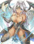  animal_ears archangel_metatron_(p&amp;d) blue_eyes breasts cleavage dark_skin elbow_gloves gloves highres kukkumann large_breasts long_hair open_mouth puzzle_&amp;_dragons silver_hair sitting thigh-highs wariza wings 