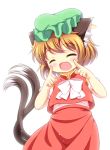  1girl animal_ears bow brown_hair cat_ears cat_tail chen closed_eyes ear_piercing jewelry mob_cap multiple_tails open_mouth piercing pila-pela puffy_short_sleeves puffy_sleeves quest shirt short_sleeves single_earring skirt skirt_set smile solo tail touhou vest 