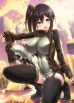  1girl akanagi_youto blue_eyes blush bodysuit boots breasts character_request fingerless_gloves gloves kneeling large_breasts long_sleeves panties pantyshot skin_tight smile solo striped striped_panties thigh-highs thigh_boots underwear weapon 