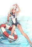  1girl blonde_hair blue_eyes blush highres hika_(cross-angel) kantai_collection long_hair open_mouth ro-500_(kantai_collection) school_swimsuit school_uniform serafuku solo swimsuit swimsuit_under_clothes tan tanline torn_clothes torn_swimsuit 