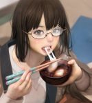  1girl black_hair bowl brown_eyes chopsticks eating food glasses hands mochi mujiha_(mlog) original realistic shiruko_(food) solo teeth wagashi 