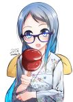  1girl blue_eyes blue_hair candy_apple glasses japanese_clothes kantai_collection kimono long_hair looking_at_viewer nekobaka samidare_(kantai_collection) solo yukata 