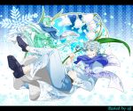  2boys after_satellites blue_hair flower hierophant_green jojo_no_kimyou_na_bouken kakyouin_noriaki lily_of_the_valley multiple_boys scarf snowflake_print snowflakes stand_(jojo) white_hair winter 