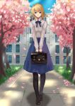 1girl bag black_legwear blonde_hair blue_eyes blue_skirt blurry cherry_blossoms contemporary depth_of_field fate/stay_night fate_(series) folded_ponytail highres long_hair long_skirt looking_at_viewer mary_janes outdoors pantyhose saber school school_bag shoes sketch skirt skirt_set wenhe white_blouse 