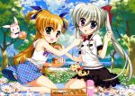  2girls absurdres asteion blonde_hair einhart_stratos food fujima_takuya hair_ribbon heterochromia highres long_hair lyrical_nanoha mahou_shoujo_lyrical_nanoha_vivid multiple_girls panties ribbon sacred_heart silver_hair striped striped_panties underwear vivio 