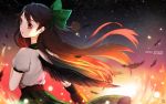  1girl arm_cannon black_hair blouse bow character_name copyright_name cowboy_shot hair_bow long_hair looking_back monicanc open_mouth red_eyes reiuji_utsuho skirt sky solo star_(sky) starry_sky touhou weapon wind wings 