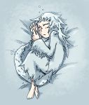  barefoot blush closed_eyes dark_souls fetal_position lying on_bed on_side priscilla_the_crossbreed setz sleeping souls_(from_software) tail white_hair 