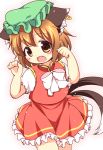 1girl animal_ears bow brown_eyes brown_hair cat_ears cat_tail chen ear_piercing jewelry mob_cap multiple_tails paw_pose piercing pila-pela puffy_short_sleeves puffy_sleeves quest shirt short_sleeves single_earring skirt skirt_set solo tail touhou vest 