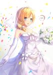  1girl bare_shoulders blue_eyes bouquet bow breasts bridal_veil bride dress earrings elbow_gloves flower gloves highres jewelry necklace open_mouth personification smile solo strapless_dress veil warship_girls_r wedding_dress white_dress white_gloves xiaoyin_li 