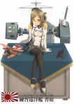  1girl airplane black_legwear blush character_name desk epaulettes glasses gloves green_eyes kantai_collection katori_(kantai_collection) light_brown_hair military military_uniform necktie pantyhose riding_crop rising_sun short_hair sitting smile solo sunburst uniform white_gloves wotake_fox 