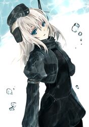  1girl blonde_hair blue_eyes bubble cropped_jacket female garrison_cap hat kantai_collection long_hair long_sleeves military military_uniform natsuyuki puffy_long_sleeves puffy_sleeves solo u-511_(kantai_collection) underwater uniform 