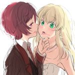  1girl aldnoah.zero asseylum_vers_allusia blonde_hair dress formal green_eyes kl lipstick long_hair makeup rayet_areash redhead short_hair smeared_lipstick smile suit violet_eyes yuri 