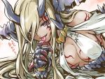  1girl bare_shoulders blonde_hair bodypaint breasts claws cleavage dark_skin dragon_girl dragon_horns facial_mark heterochromia horns ishiyumi long_hair puzzle_&amp;_dragons scales smile solo sonia_gran tongue tongue_out violet_eyes yellow_eyes 