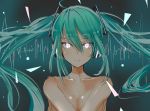  bangs breasts covering covering_breasts expressionless glowing glowing_eyes green_hair hatsune_miku headphones long_hair siraele twintails very_long_hair vocaloid 