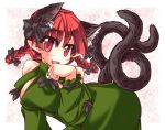  1girl animal_ears bow braid breasts cat_ears cat_tail hair_bow kaenbyou_rin licking multiple_tails mumumu red_eyes redhead solo tail touhou twin_braids twintails 