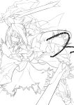  1girl absurdres adapted_costume armor armored_dress chain dress dual_wielding fate/stay_night fate_(series) gauntlets glowing highres lineart long_hair mag_(giraffe009) monochrome ponytail saber shidou_shiki solo sword weapon zipper 